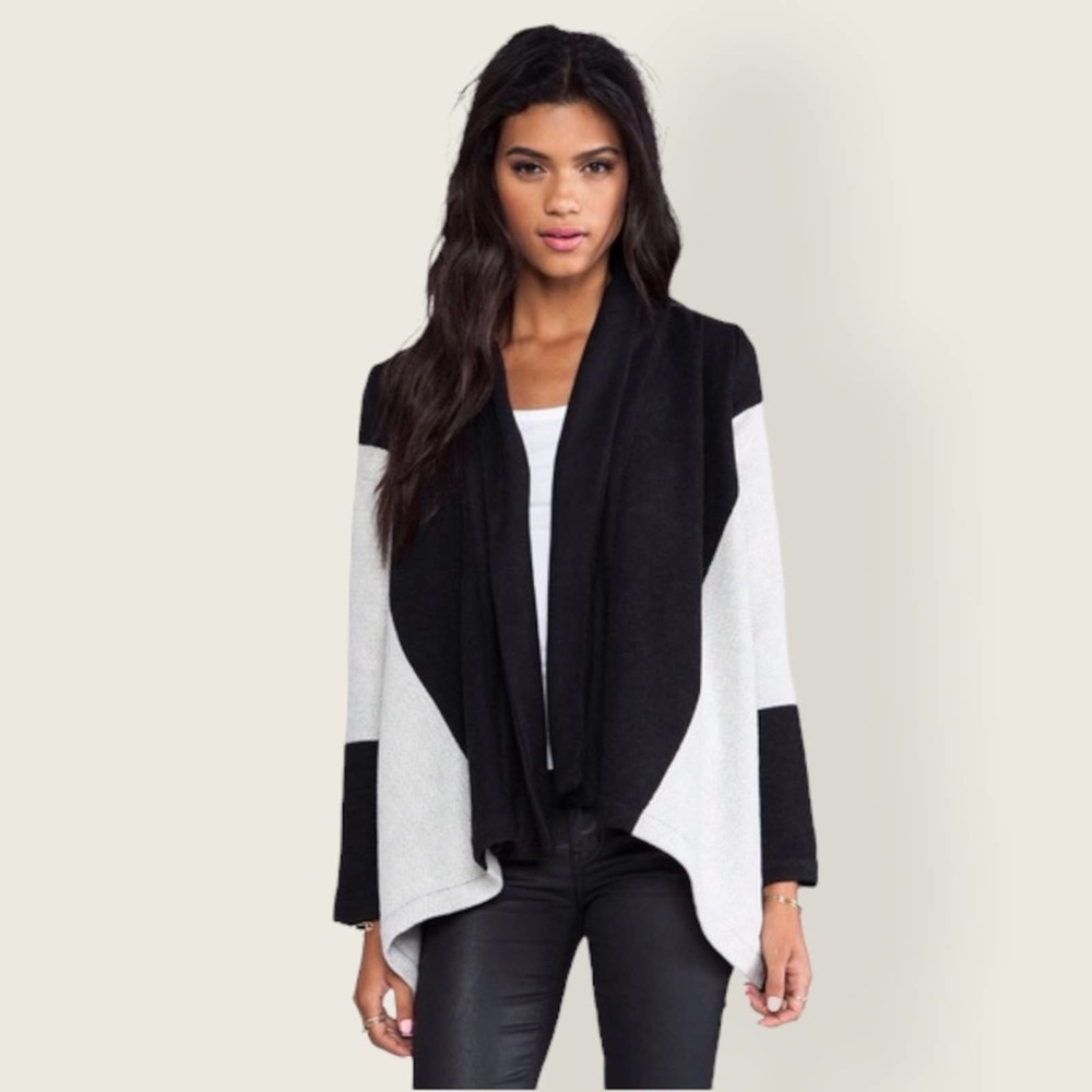 BB Dakota Eleanor Color Block Draped Open Front Cardigan Black Small Women’s